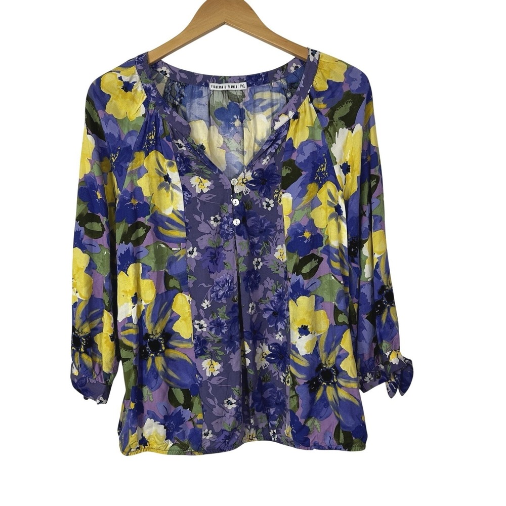 Figueroa & Flower Blouse Womens PXL Purple Multicolor Floral Tie Cuff Popover